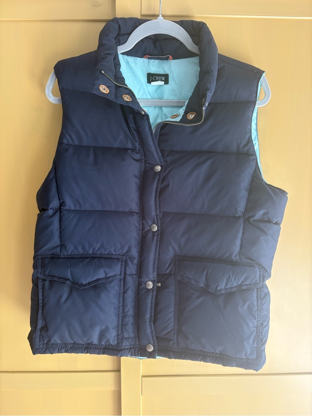 J. Crew Light Blue Quilted Vest with Navy Trim